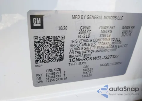 2020 Chevrolet Traverse Fwd Lt Cloth из США, поврежденный, VIN 1GNERGKW5LJ327327